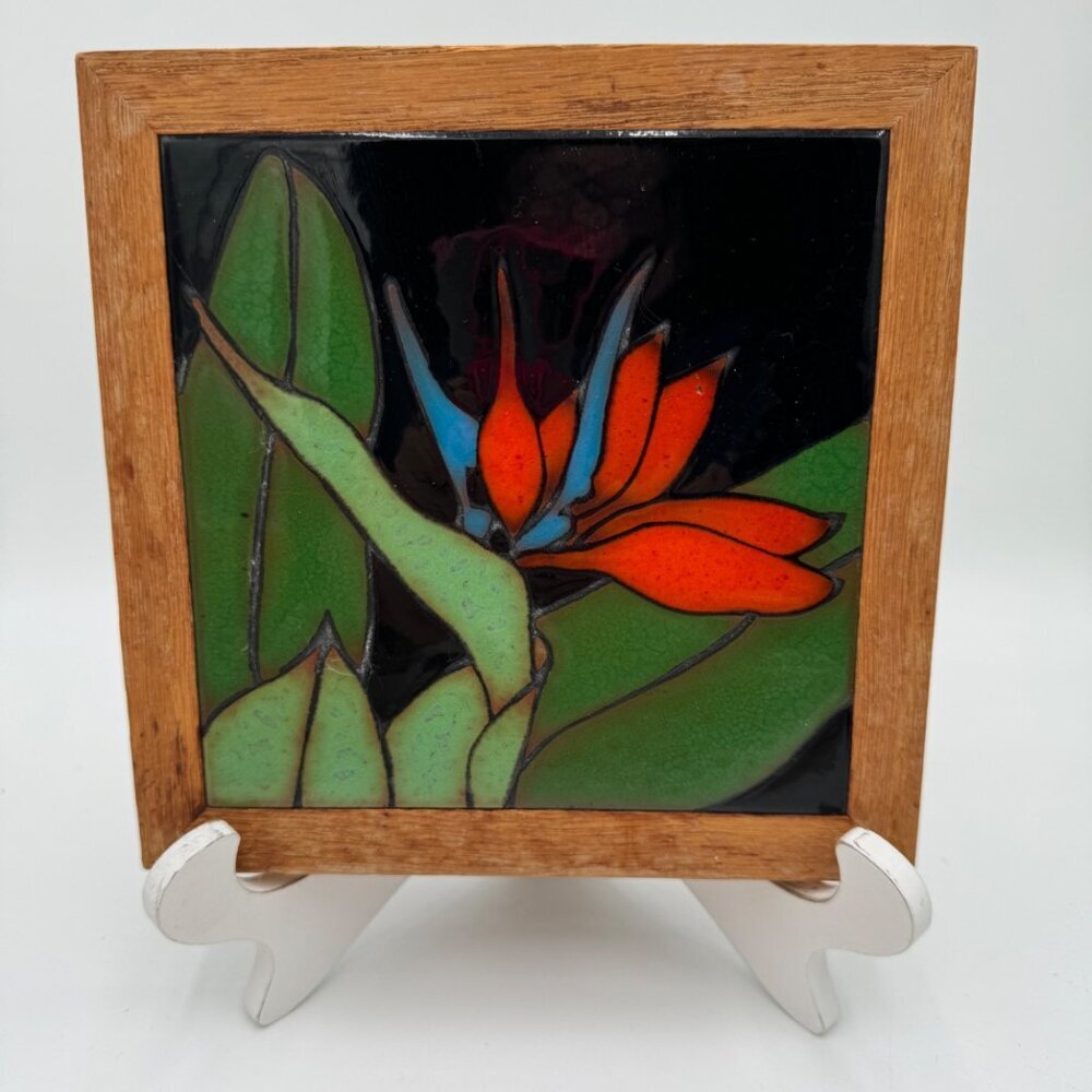 THE BETTY COMPANY Tile Framed Wall Hanging or Trivet Bird of Paradise flower Ita